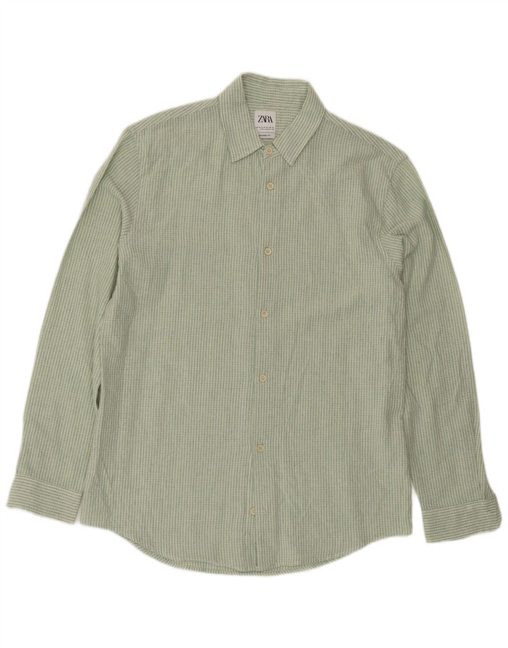 Zara Mens Relaxed Fit Shirt Medium Green Pinstripe