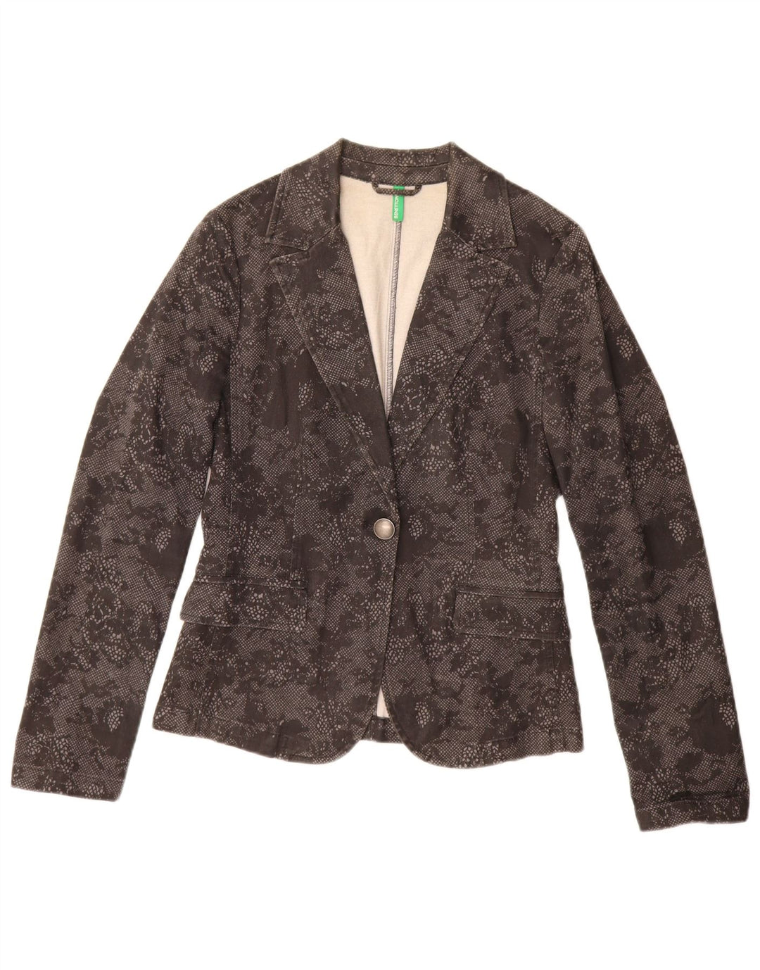 Benetton Womens 1 Button Blazer Jacket UK 10 Small Black Floral Cotton