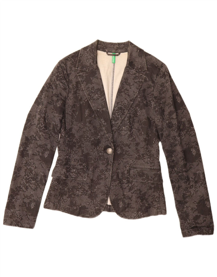 Benetton Womens 1 Button Blazer Jacket UK 10 Small Black Floral Cotton