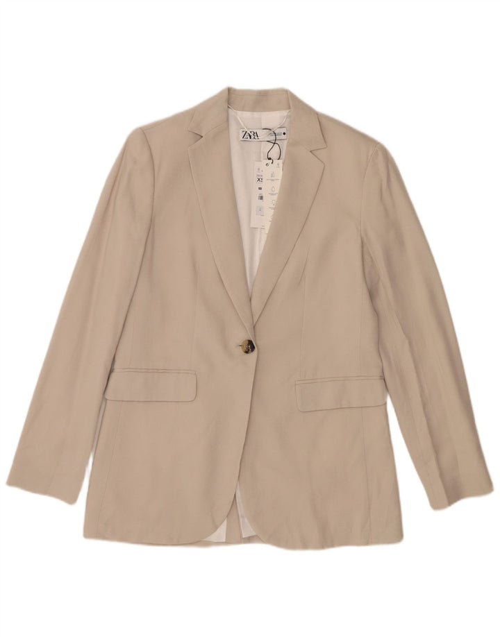 Zara Womens 1 Button Blazer Jacket UK 6 XS Beige Lyocell