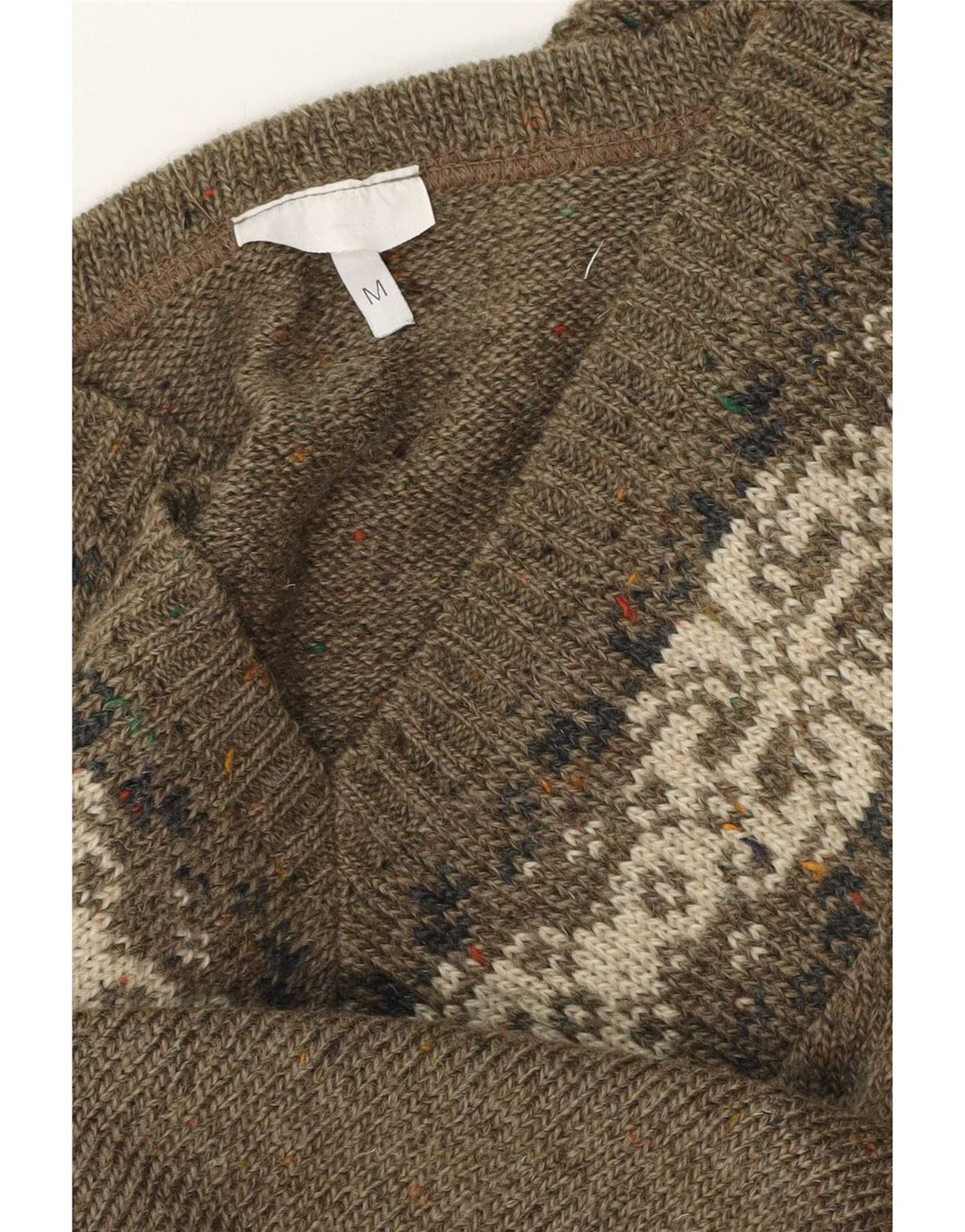 Vintage Mens V-Neck Jumper Sweater Medium Khaki Fair Isle