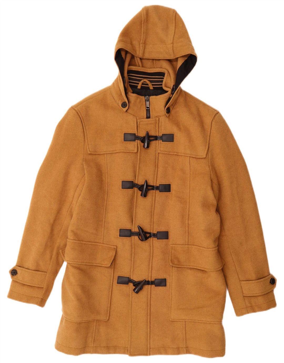 Zara Mens Hooded Duffle Coat UK 40 Large Brown Polyester