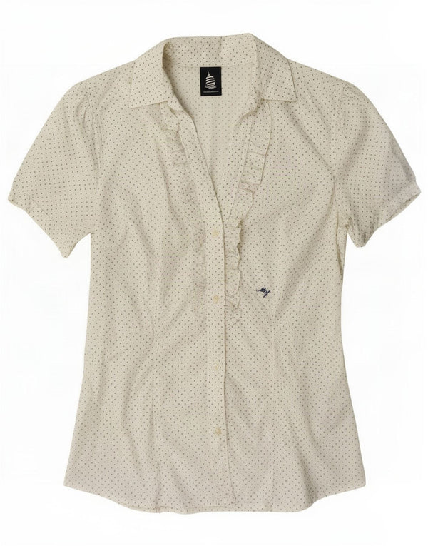 Marina Yachting Womens Ruffle Front Shirt Blouse UK 6 XS White Spotted