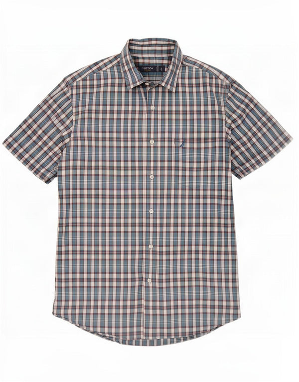 Nautica Mens Short Sleeve Slim Fit Shirt Large Blue Check Cotton