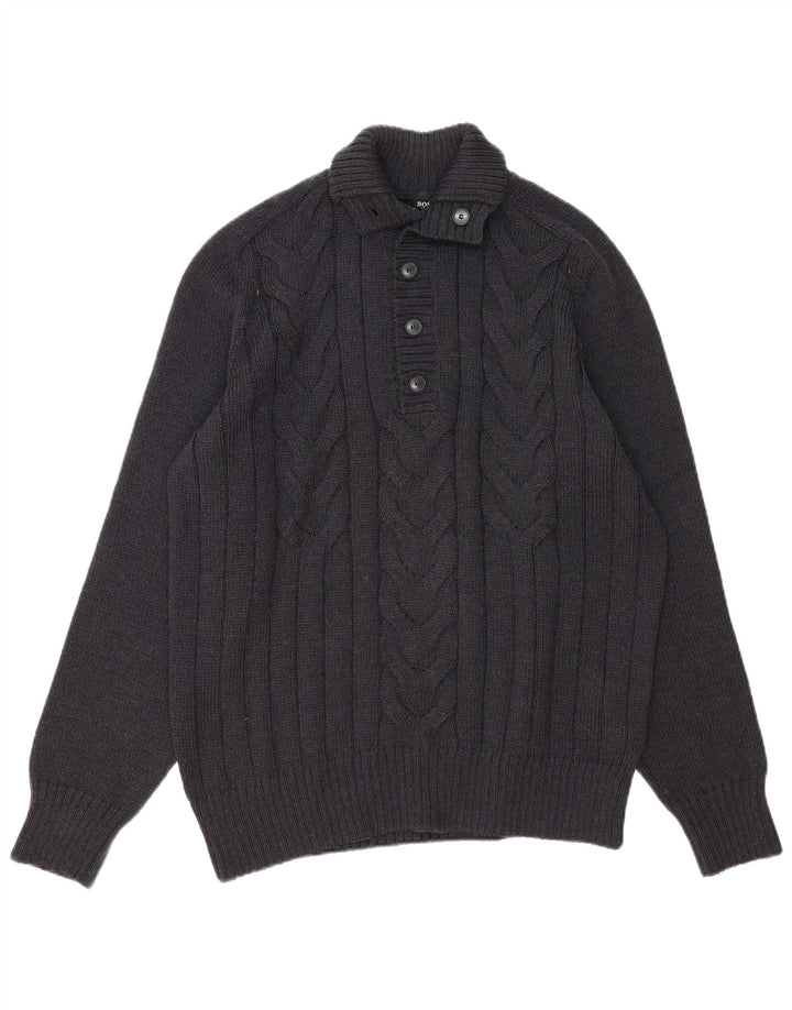 Hugo Boss Mens Slim Fit Button Neck Jumper Sweater XL Grey