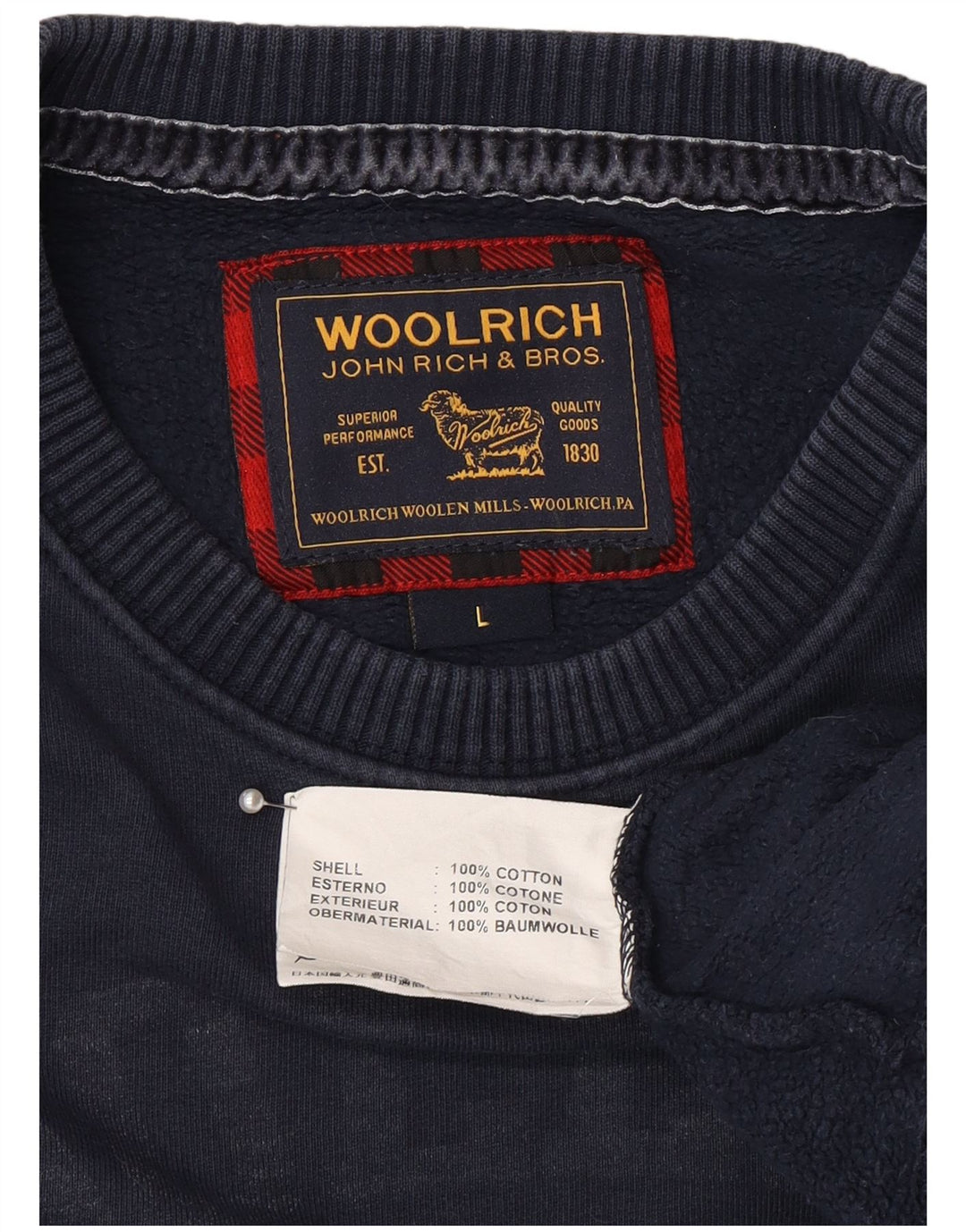 Woolrich Mens Graphic Sweatshirt Jumper Large Navy Blue Cotton