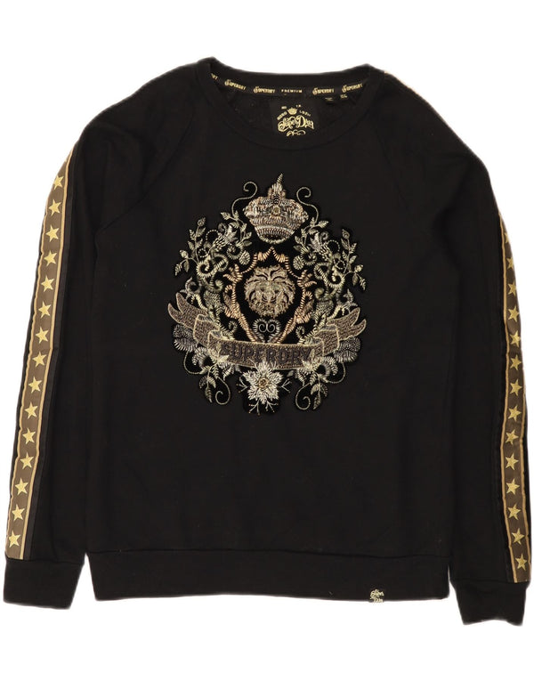 Superdry Womens Graphic Sweatshirt Jumper UK 12 Medium Black Cotton
