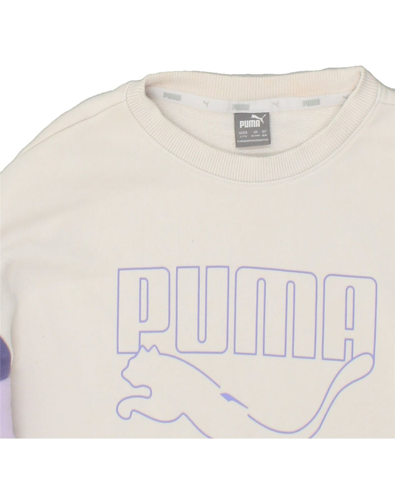 PUMA Girls Graphic Sweatshirt Jumper 13-14 Years Off White Cotton | Vintage Puma | Thrift | Second-Hand Puma | Used Clothing | Messina Hembry 