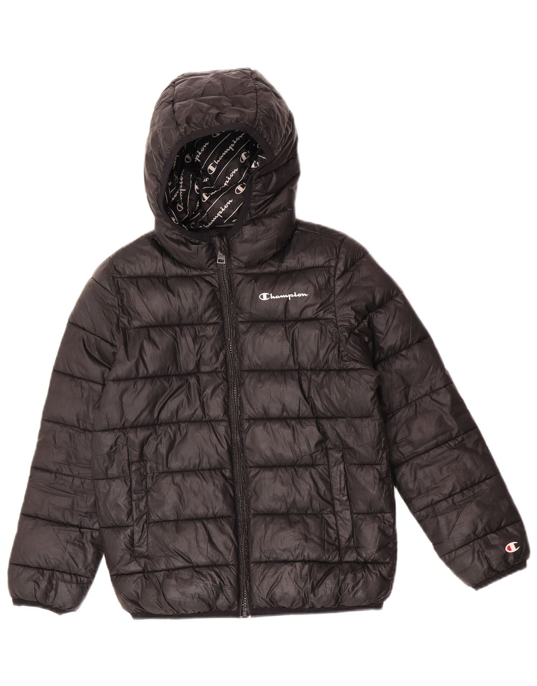 Champion Boys Hooded Padded Jacket 9-10 Years Medium Black Polyester