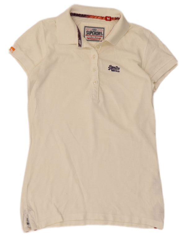 Superdry Womens Polo Shirt UK 12 Medium Off White Cotton