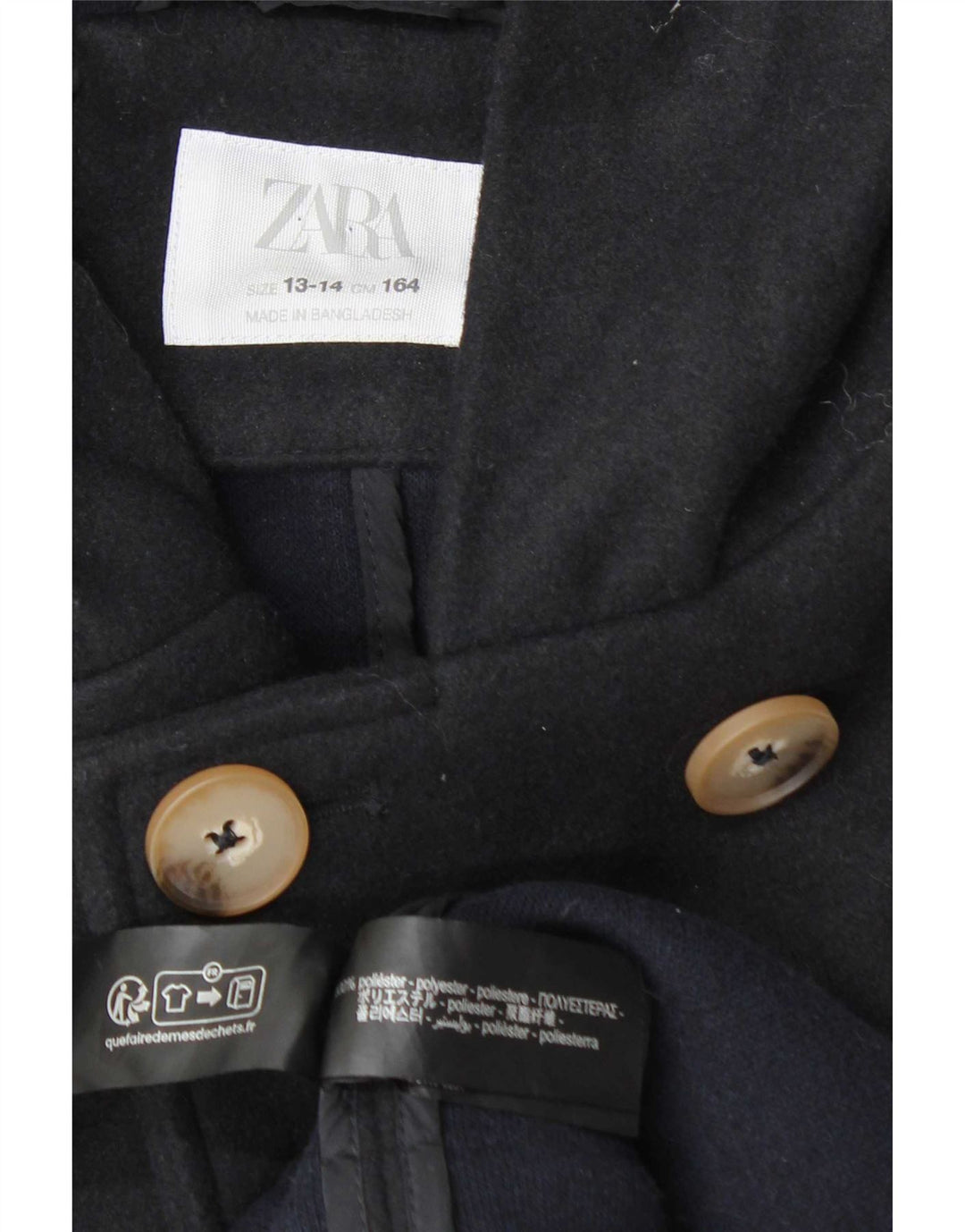 Zara Girls Hooded Double Breasted Coat 13-14 Years Navy Blue Polyester