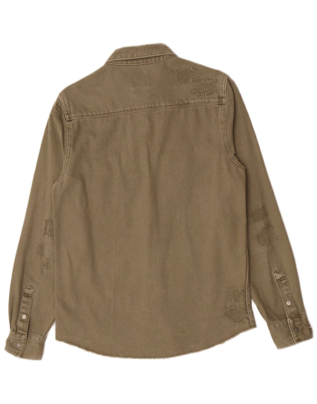 Zara Mens Distressed Relaxed Fit Denim Shirt Small Khaki Cotton