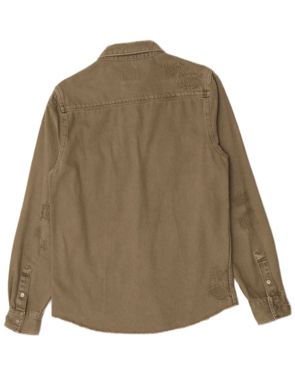 Zara Mens Distressed Relaxed Fit Denim Shirt Small Khaki Cotton