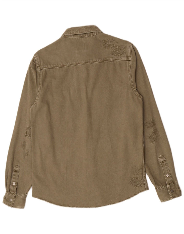 Zara Mens Distressed Relaxed Fit Denim Shirt Small Khaki Cotton