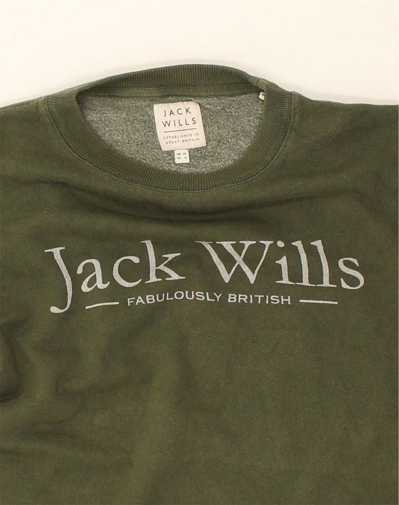 JACK WILLS Womens Graphic Sweatshirt Jumper UK 10 Small  Green Cotton | Vintage Jack Wills | Thrift | Second-Hand Jack Wills | Used Clothing | Messina Hembry 