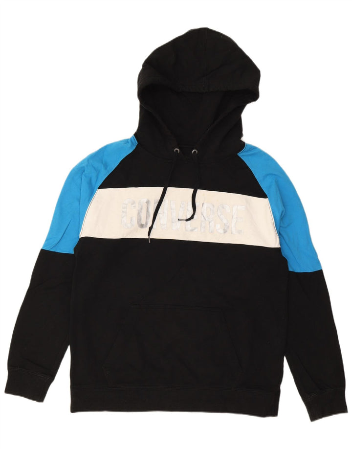 CONVERSE Mens Graphic Hoodie Jumper Medium Black Colourblock Cotton
