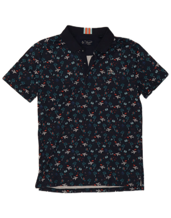 Penguin Mens Graphic Polo Shirt Small Navy Blue Polyester