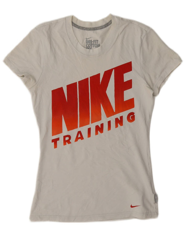 Nike Womens Dri Fit Graphic T-Shirt Top UK 10 Small White Cotton