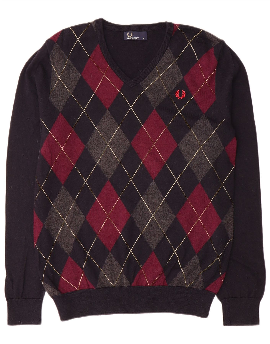 Fred Perry Mens V-Neck Jumper Sweater Medium Navy Blue Argyle/Diamond