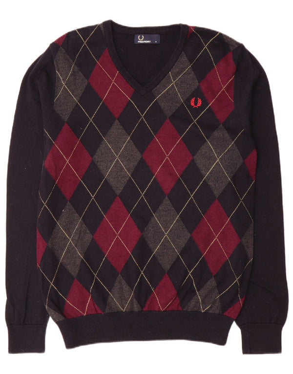 Fred Perry Mens V-Neck Jumper Sweater Medium Navy Blue Argyle/Diamond