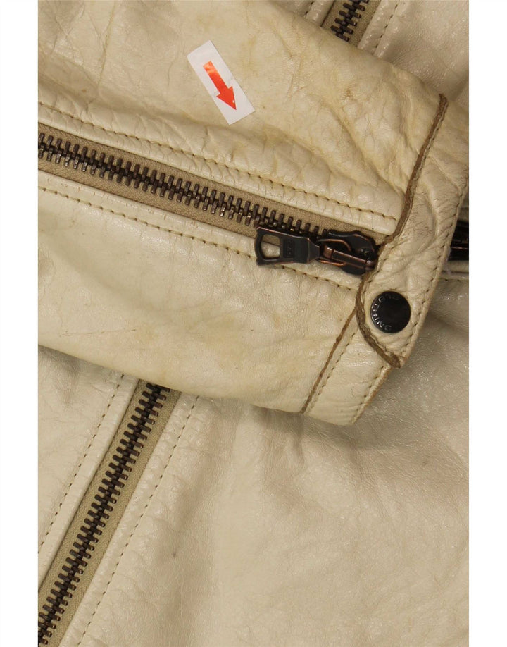 Gas Mens Leather Racer Jacket UK 40 Large Beige Colourblock