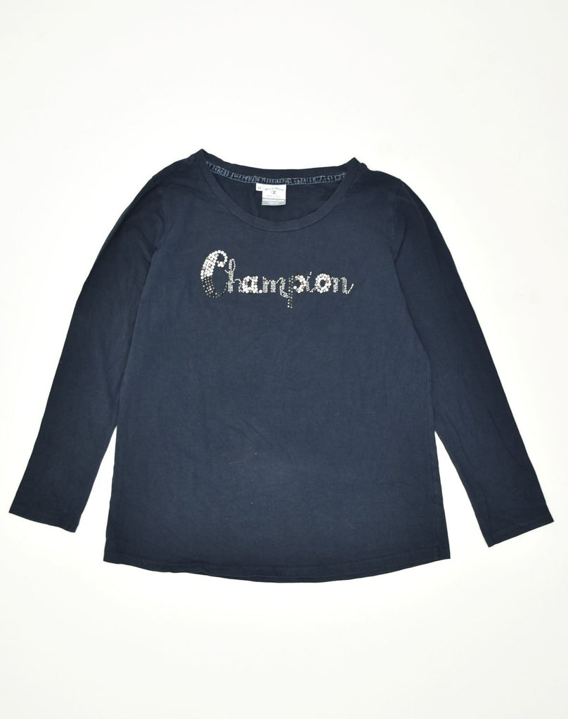 CHAMPION Womens Graphic Top Long Sleeve UK 14 Medium Navy Blue Cotton | Vintage | Thrift | Second-Hand | Used Clothing | Messina Hembry 