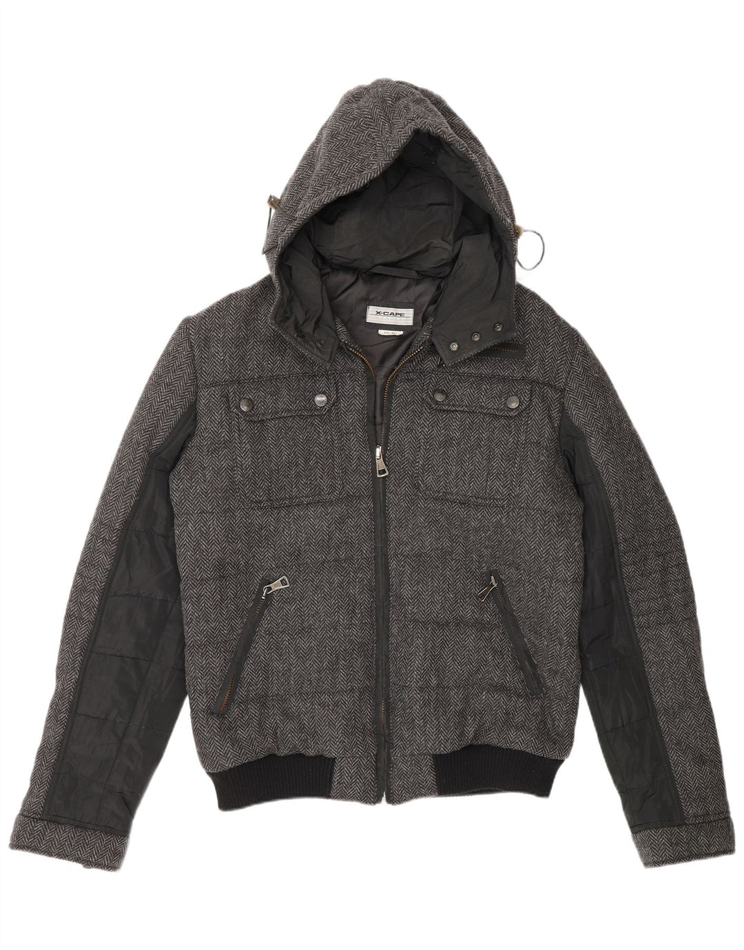 X-Cape Mens Hooded Padded Jacket UK 42 XL Grey Herringbone Virgin Wool
