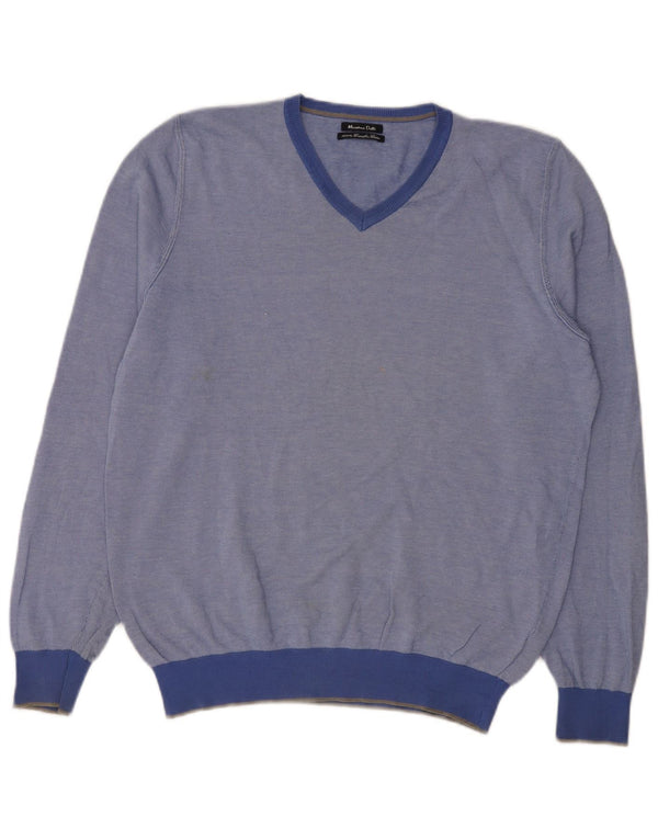 Massimo Dutti Mens V-Neck Jumper Sweater Large Blue Cotton