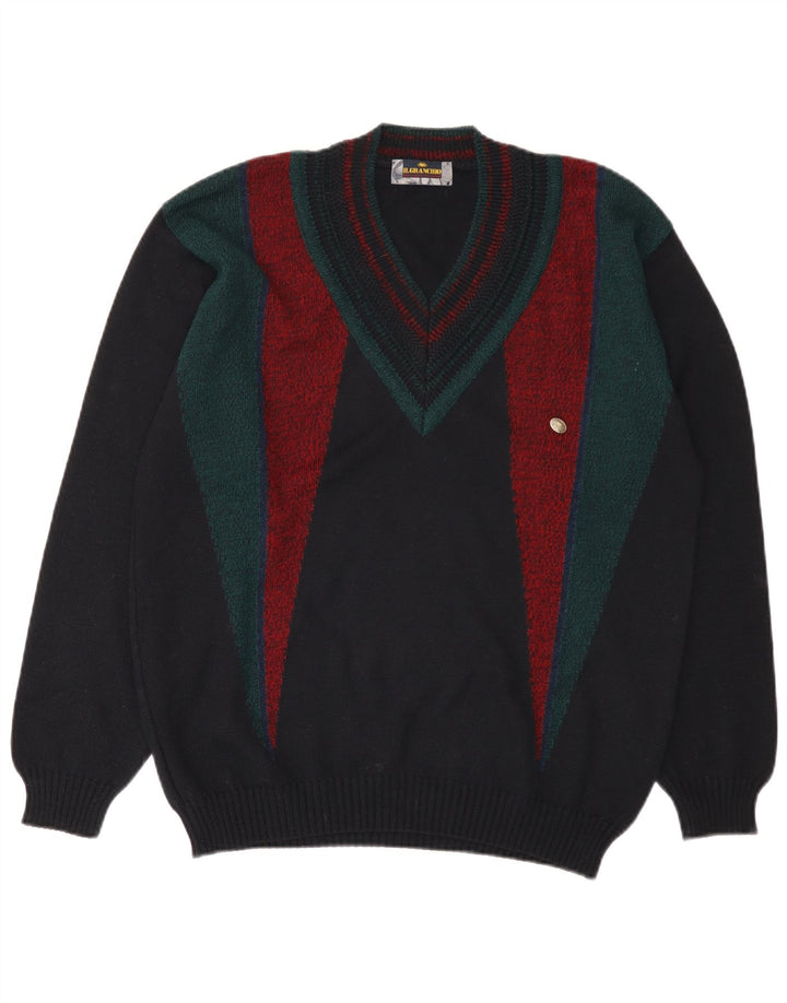 Il Granchio Mens V-Neck Jumper Sweater Large Navy Blue Colourblock Wool