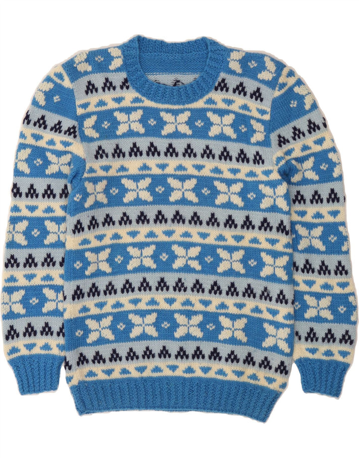 VINTAGE Mens Crew Neck Jumper Sweater Small Blue Fair Isle