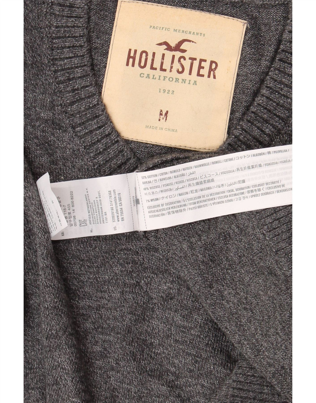 Hollister Mens V-Neck Jumper Sweater Medium Grey Cotton