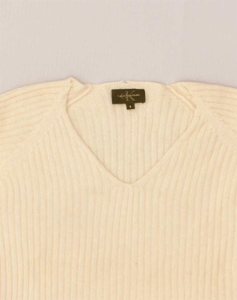 CALVIN KLEIN Womens V-Neck Jumper Sweater UK 8 Small Off White Wool | Vintage Calvin Klein | Thrift | Second-Hand Calvin Klein | Used Clothing | Messina Hembry 