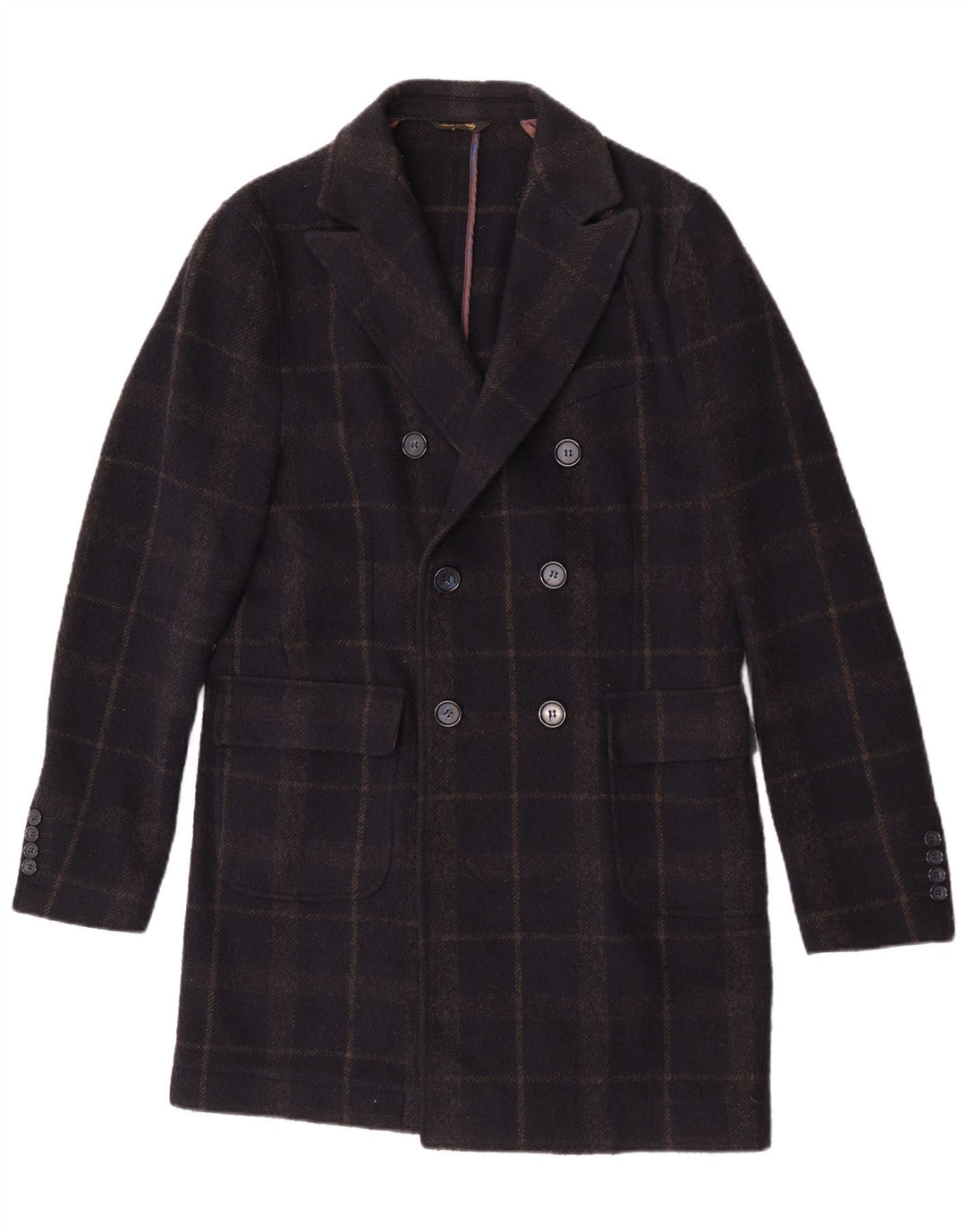 Enrico Coveri Mens Double Breasted Coat IT 50 Large Navy Blue Check Wool