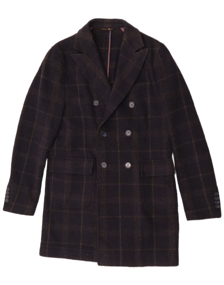 Enrico Coveri Mens Double Breasted Coat IT 50 Large Navy Blue Check Wool