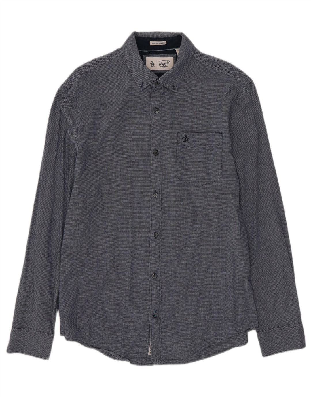 Penguin Mens Heritage Slim Fit Shirt Medium Navy Blue Geometric Rayon