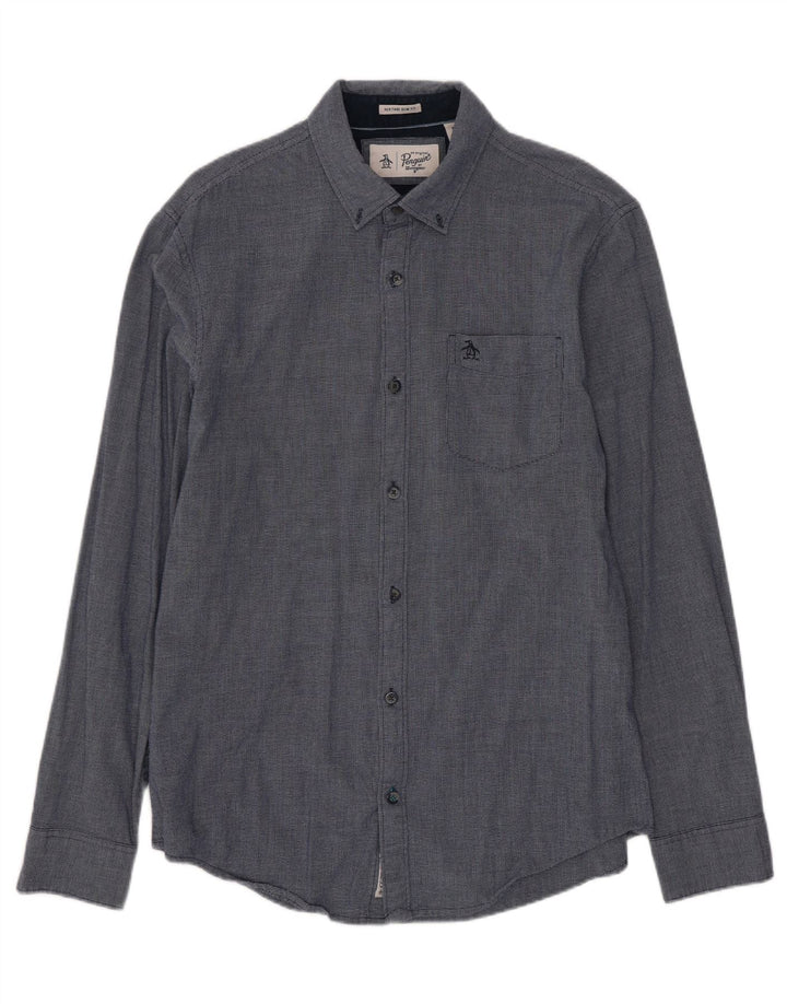 Penguin Mens Heritage Slim Fit Shirt Medium Navy Blue Geometric Rayon