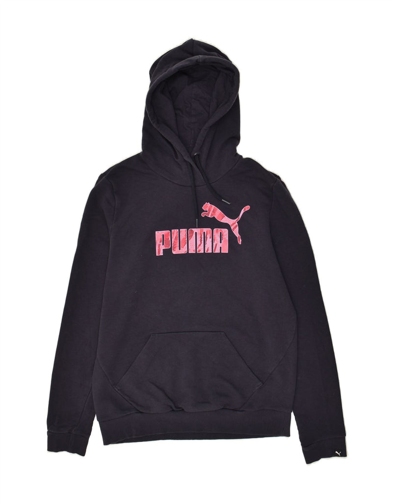 PUMA Womens Graphic Hoodie Jumper UK 14 Large Navy Blue Cotton | Vintage Puma | Thrift | Second-Hand Puma | Used Clothing | Messina Hembry 