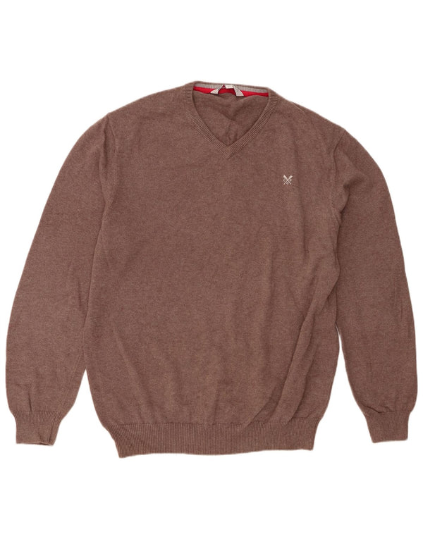 Crew Clothing Mens Regular Fit V-Neck Jumper Sweater XL Brown Cotton