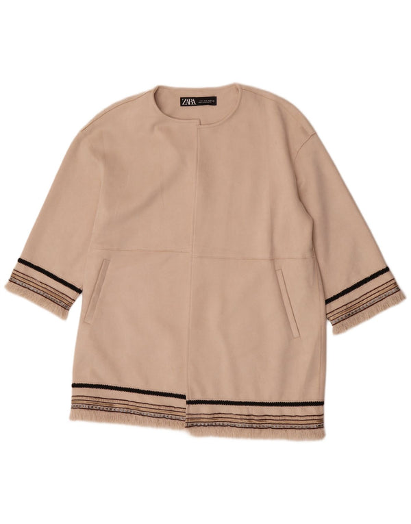 Zara Womens 3/4 Sleeve Open Blazer Jacket UK 14 Medium Beige Striped
