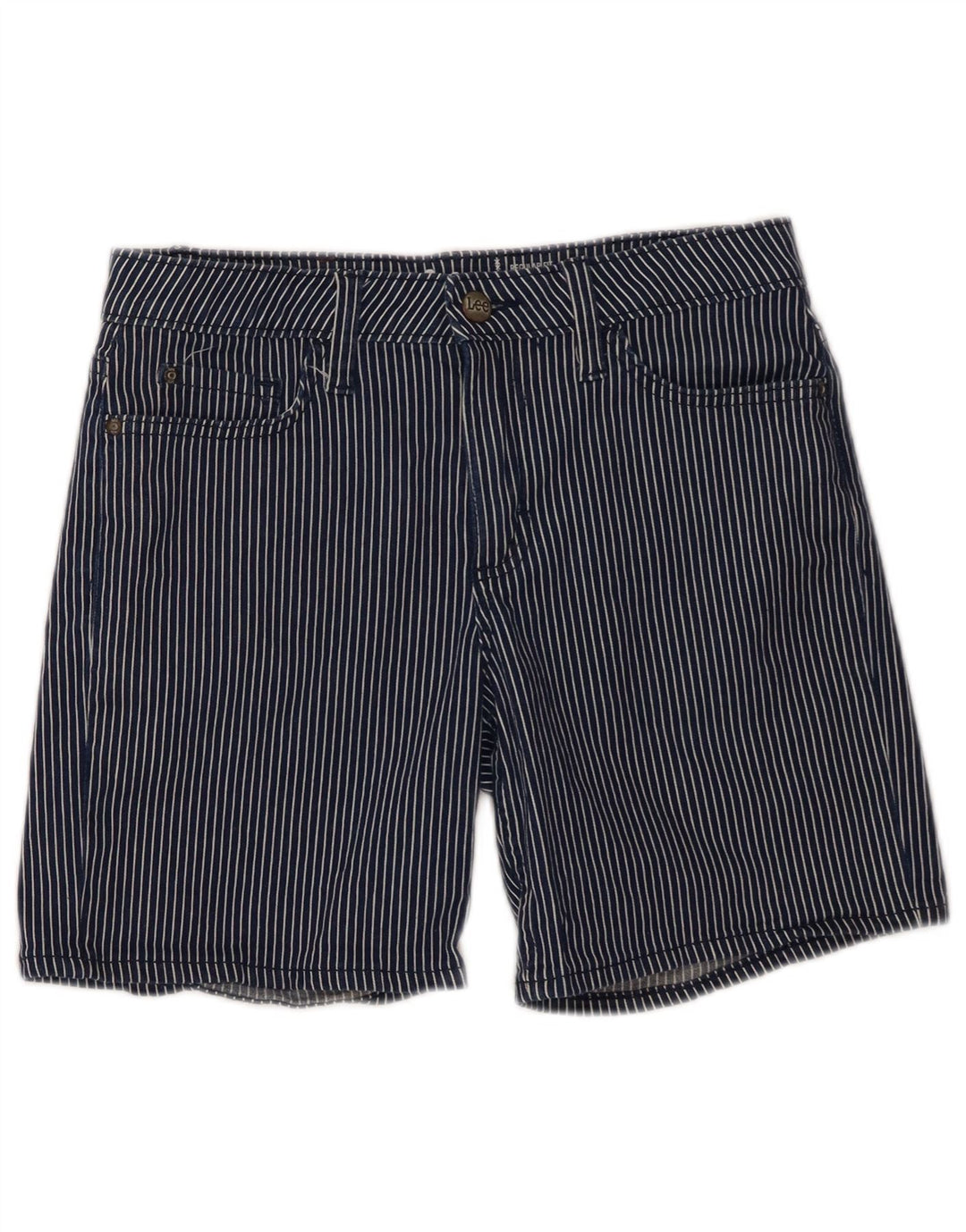 Lee Womens Mid Rise Casual Shorts W30 Medium Navy Blue Pinstripe