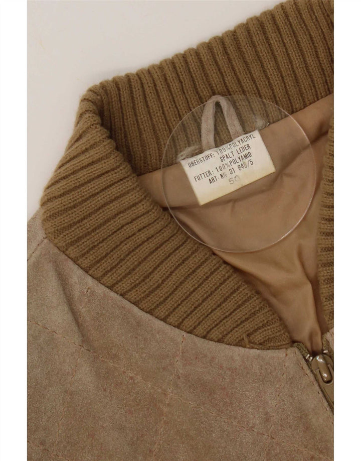 Vintage Womens Suede Bomber Jacket EU 50 XL Beige Colourblock Polyacrylic