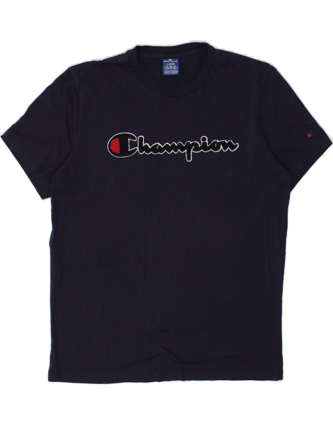 CHAMPION Womens Graphic T Shirt Top UK 16 Large Navy Blue Vintage Second Hand Clothing Online Messina Hembry