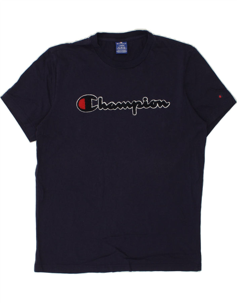 CHAMPION Womens Graphic T-Shirt Top UK 16 Large Navy Blue | Vintage Champion | Thrift | Second-Hand Champion | Used Clothing | Messina Hembry 