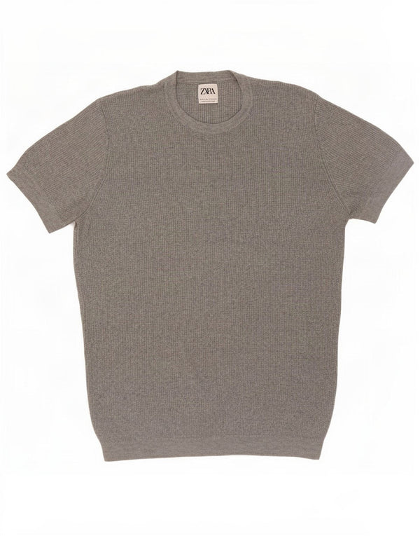 Zara Mens Short Sleeve Crew Neck Jumper Sweater Large Grey Cotton