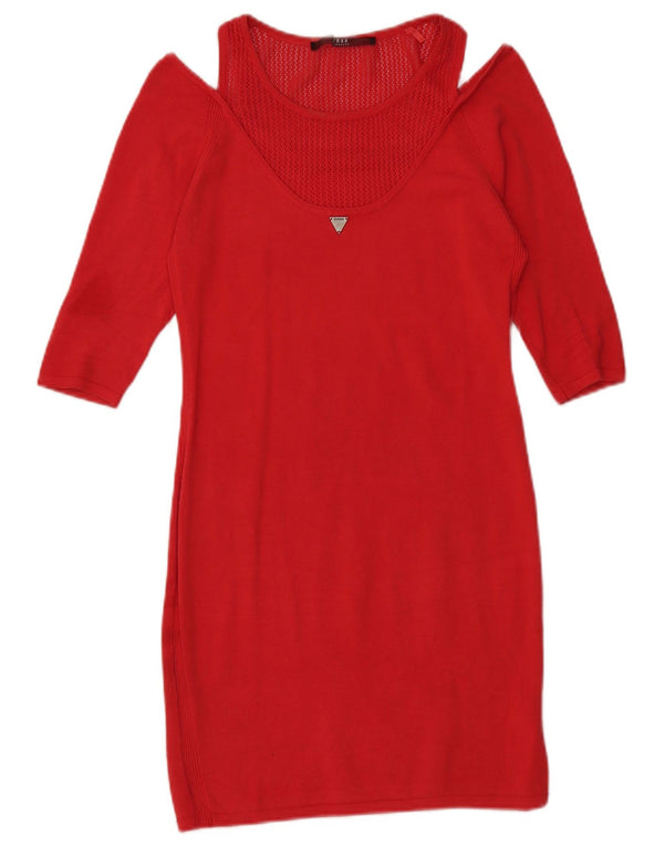 Guess Womens 3/4 Sleeve Off Shoulder Bodycon Dress UK 8 Small Red