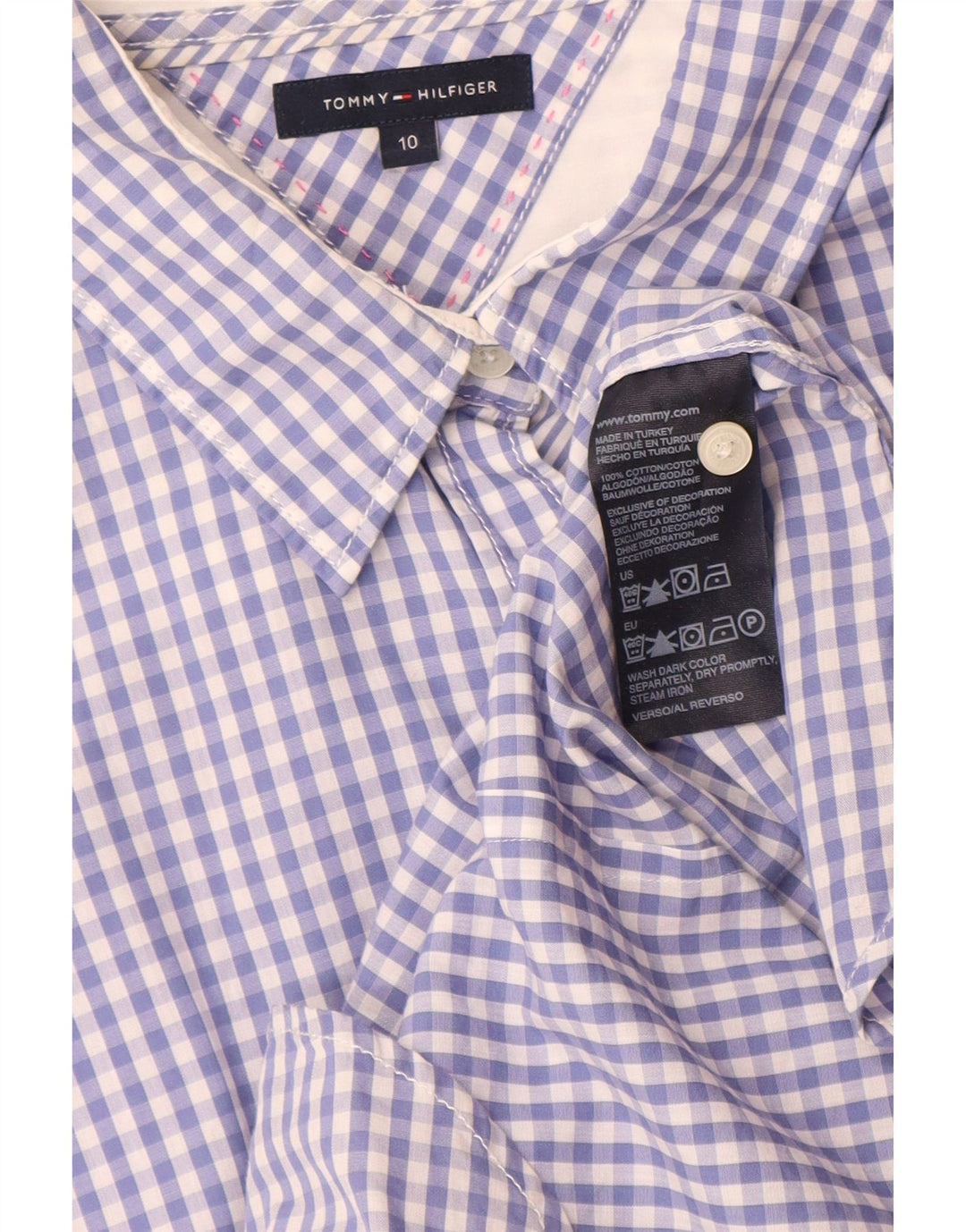 Tommy Hilfiger Womens Short Sleeve Shirt US 10 Large Blue Gingham Cotton
