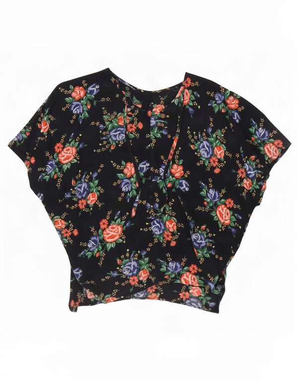 Vintage Womens Batwing Blouse Top UK 16 Large Navy Blue Floral