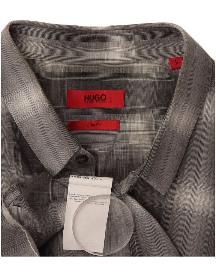 Hugo Boss Mens Slim Fit Shirt Large Grey Check Cotton