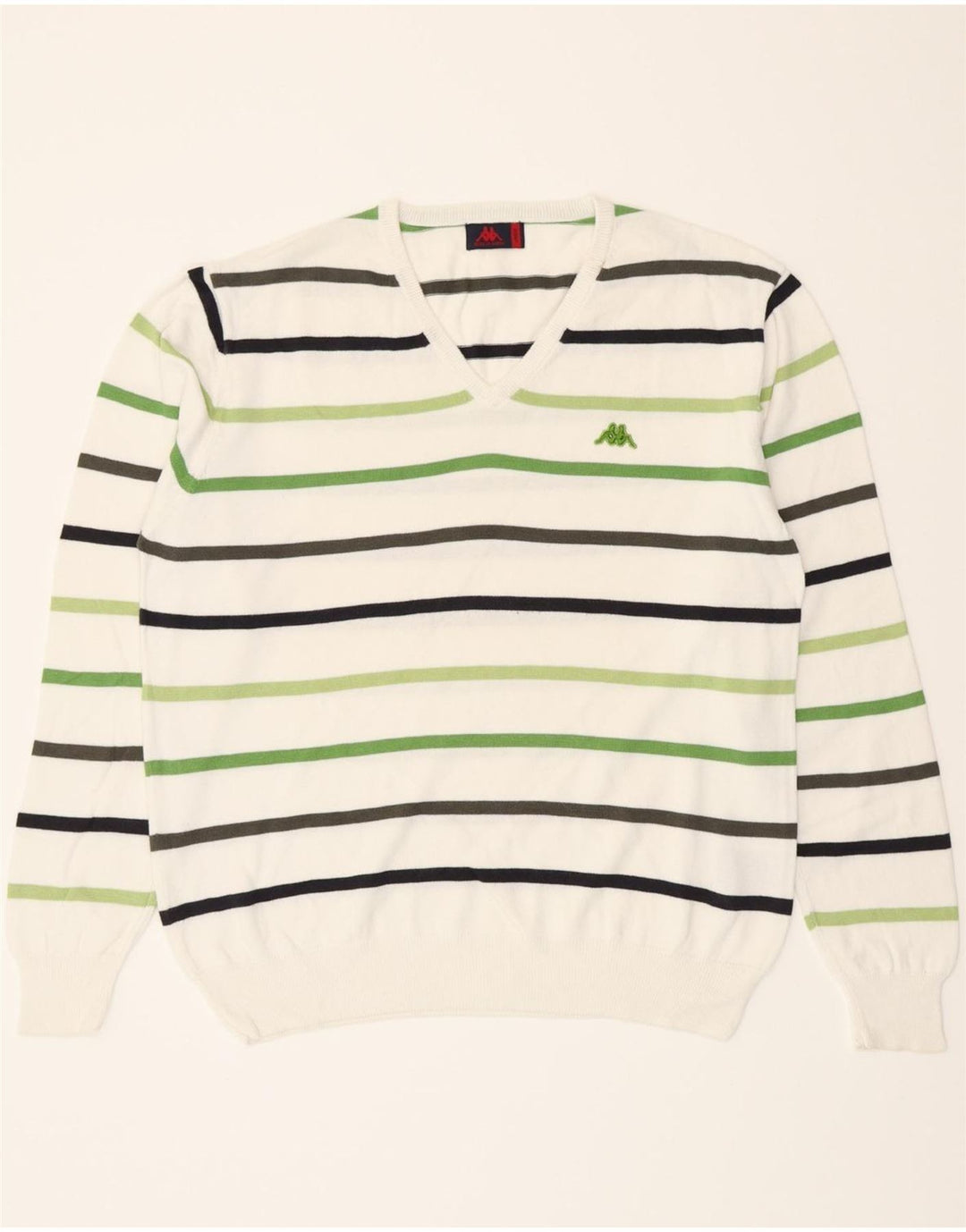 KAPPA Mens V-Neck Jumper Sweater Large White Striped Cotton Vintage Kappa and Second-Hand Kappa from Messina Hembry 