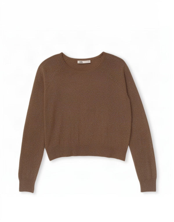 Zara Womens Boat Neck Jumper Sweater UK 16 Large Khaki Flecked Viscose